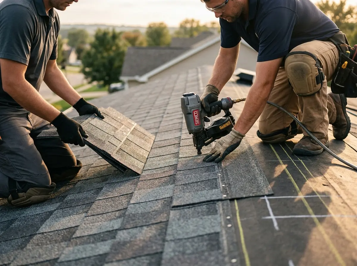 Professional roofer working on a residential roof in Weslaco